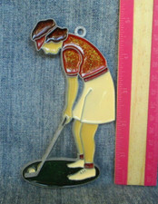 Vintage Suncatcher WOMAN GOLFING GOLF Ornament Stained Glass Acrylic Metal SAL5