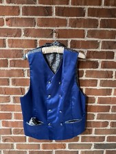 Blue Satin Men's Formal Vest Bow Tie  Pocket Square Paisley Back Sz large