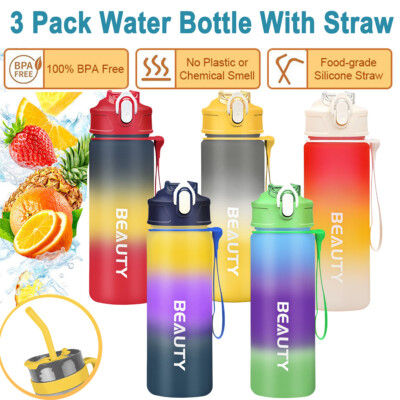 3 stücke Sport Wasserflasche BPA FREI mit Strohhalm Auslaufsichere Trinkflaschen