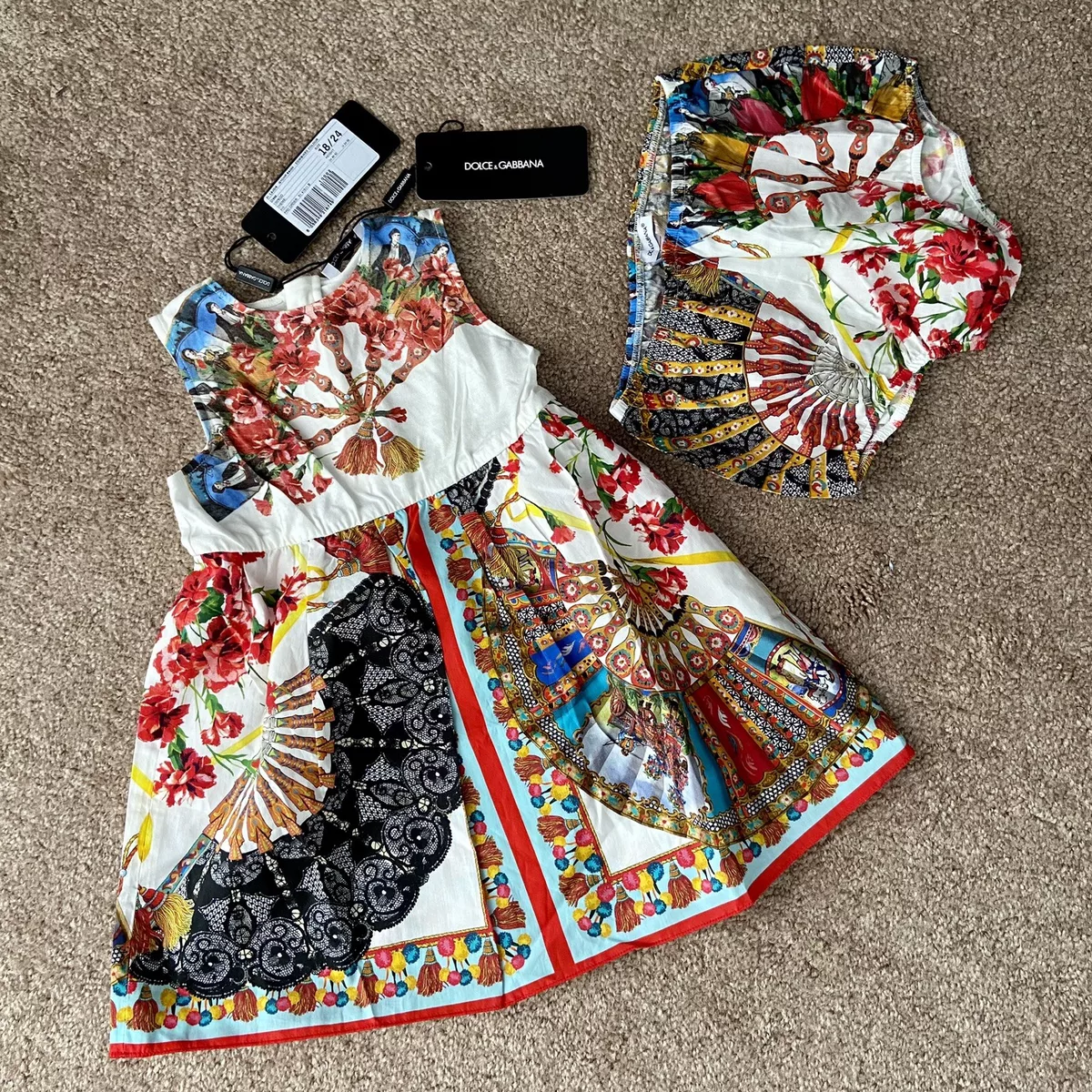 NWT Dolce & Gabbana Girl Majolica Sicilian Folklore Fan Print Cotton Dress  Set