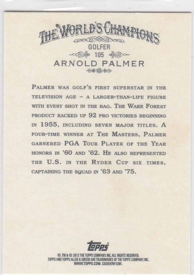 ARNOLD PAMLER 2012 Topps Allen & Ginter's GOLF CARD PGA Tour Ryder Cup LEGEND! - Image 2 of 2