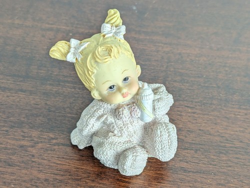 Baby Girl Figurine Textured Pink Winter Outfit Holding Bottle Bows Blonde - Picture 5 of 21
