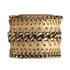 Beige Leather Gold Chain Wrap Snap Closure Fashion Wide Cuff Bracelet