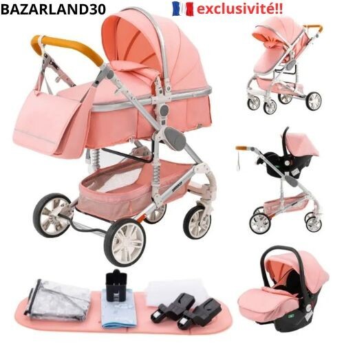 Poussette combinée 3 en 1 rose idéale pour les balades urbaines en famille