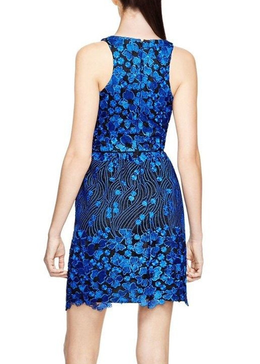 AQUA ~Black & Blue Floral Embroidery Illusion Fit & Flare Party Dress 6 NEW $238