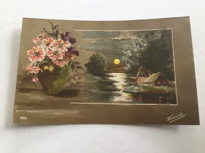 CPA fantaisie - Jarre de fleurs et lune au dessus d’un lac - Favorite 1222 - Photo 1/2