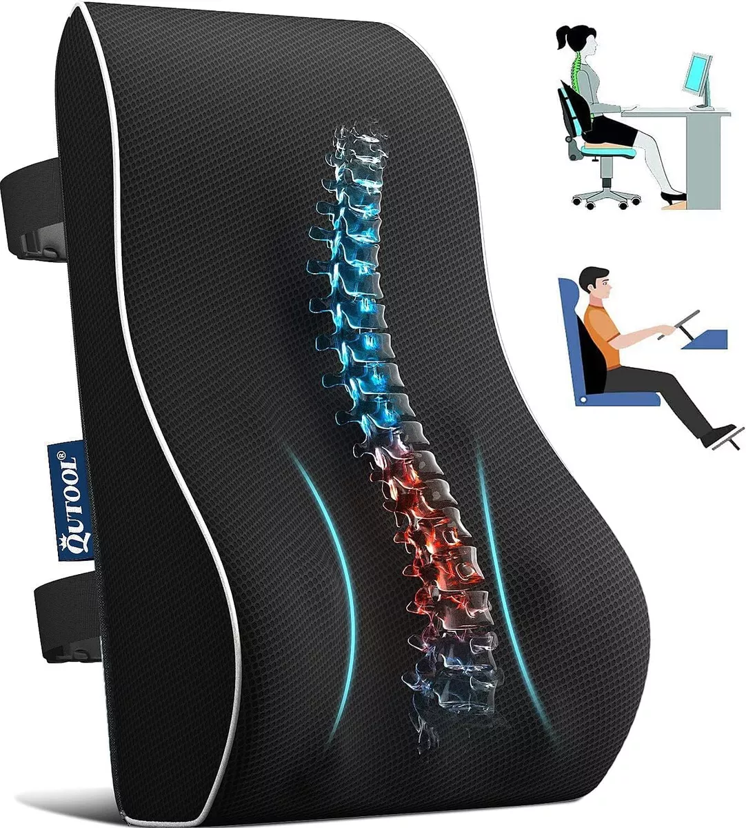 Lumbar Support Pillow Memory Foam Adjustable Back Cushion with Strap for  Lower Back Pain Relief- Ideal for Office Chair, Car Seat, Bed, Recliner 