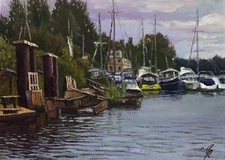 PIER. Morning. Cityscape. Oil painting 35x25 cm Ukrainian Original Art