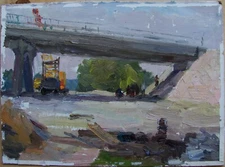 Ukrainian Soviet USSR Oil Painting impressionism industrial bridge building