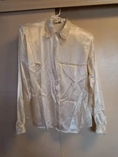 Notations Women's Polyester Long Sleeve Button Up Shirt Beige Lace Collar Sz 14