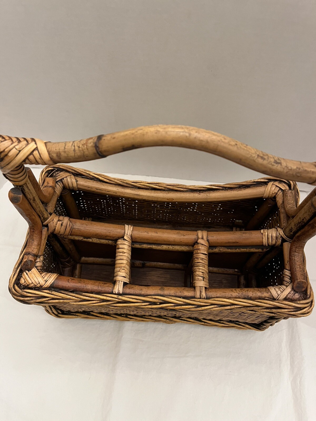 Vintage Bamboo Rattan Wicker Basket Utensil Caddy Storage Organizer