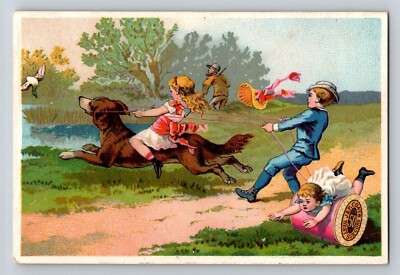 J P Coats Thread Children Dog Chasing Duck Sewing Spool 1890s Trade Card 3 x 4.5