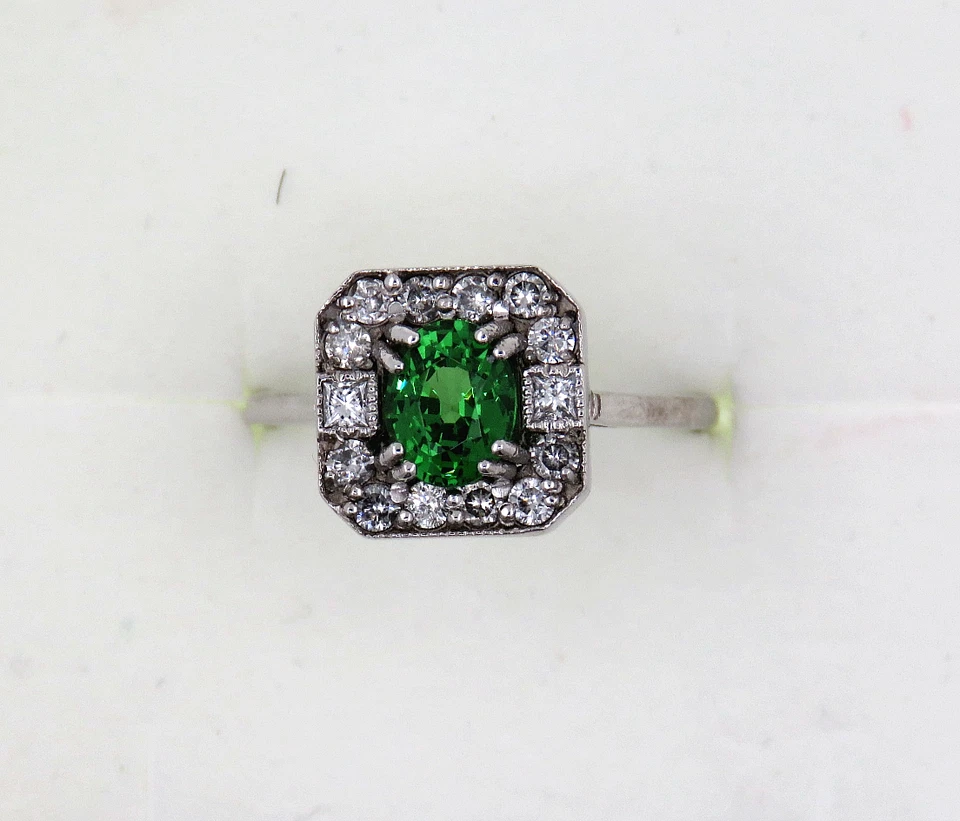 Granate Tsavorite 0,75ct. & Diamonds 0,70ct. Oro Blanco 18ct. Anillo Reino Unido Talla N 1/2 Foto 4 de 4