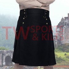 Men's Black Utility Kilt Made Of Cotton With Two Side Pocket  Two Back Pocket