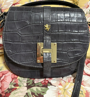 Pratesi Gunmetal Crossbody Bag Gold Hardware Adjustable Strap Pockets