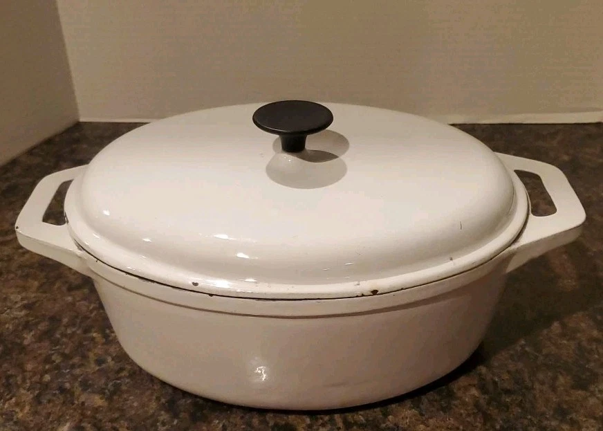 6 Qt Oval Dutch Oven w/ Lid Enameled Cast Iron Roaster Cooking Pot Large White