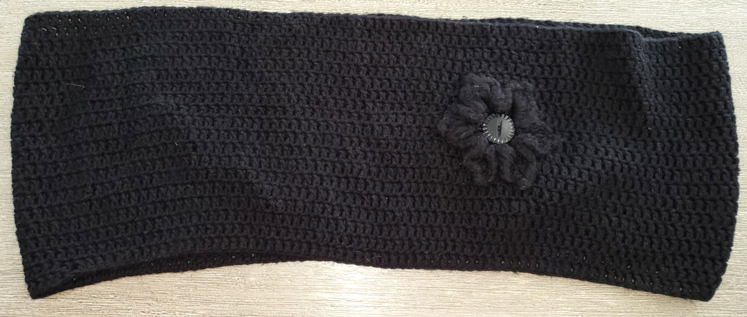Black Handmade Infinity Scarf with Flower Button Center 62x10 Inch