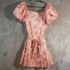 LoveShackFancy Pink Floral V-Neck Puff Sleeve Belted Satin Mini Dress 6