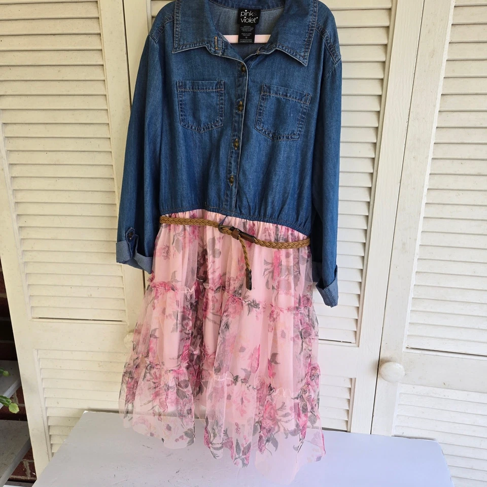 Pink & Violet Girls Dress Chambray Top Floral Tulle Skirt Size 12 Knee Length - Image 4 of 4