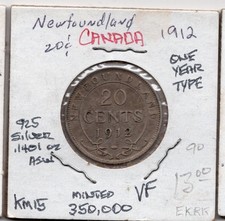 1912 20 Cents CANADA NEWFOUNDLAND .1401oz Silver 1 Year Type World Coin VF