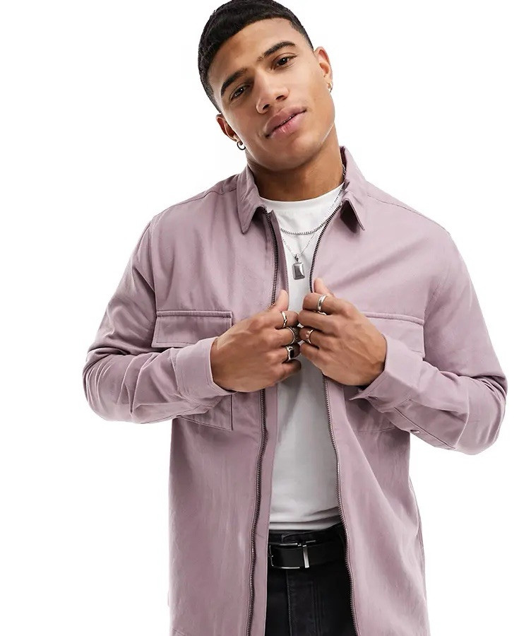 ASOS DESIGN Mauve Twill Zip-Thru Overshirt for Men Size 2XS