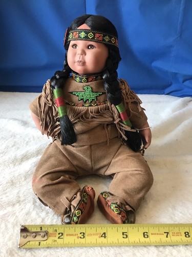 DOLL - NATIVE AMERICAN PLAINS INDIAN CHILD BEADED BIRD, LEATHER OUTFIT 10" tall