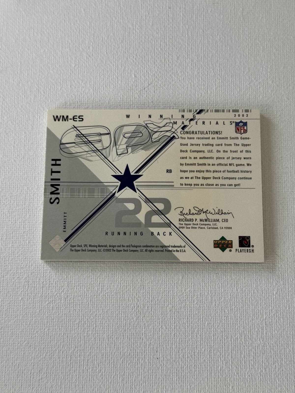 2002 Upper Deck SPx Emmitt Smith Game Used Jersey Card Dallas Cowboys view 2