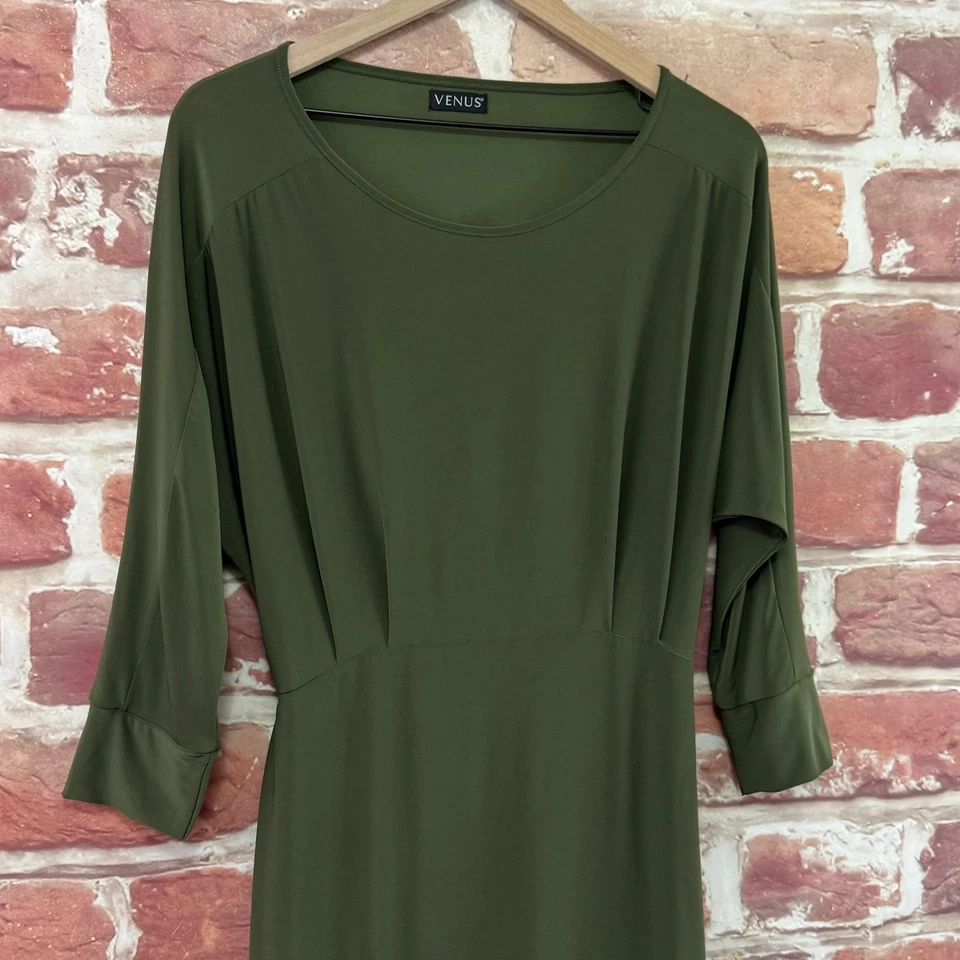 VENUS Dress Womens Large Olive Green Stretchy Pleated Cutout Back Casual Popover - Image 3 of 4