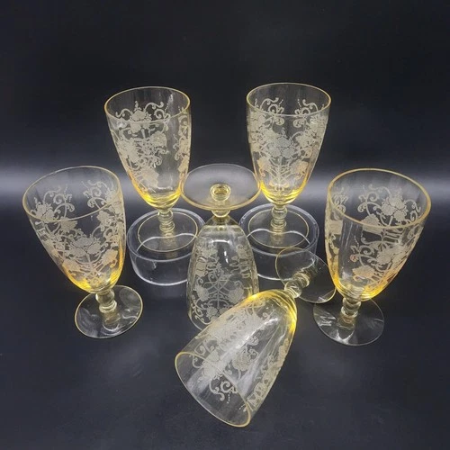 Vtg Set of 6 Lancaster Elegant Depression Yellow Glass Goblets Patrick 6" T READ