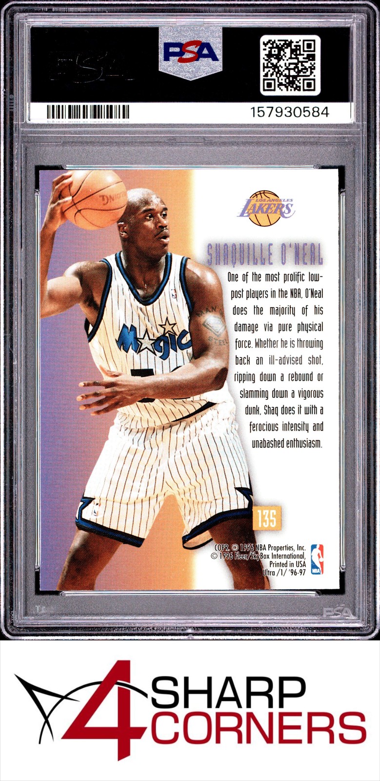 1996 ULTRA #135 SHAQUILLE O'NEAL MAGIC HOF PSA 10 view 2