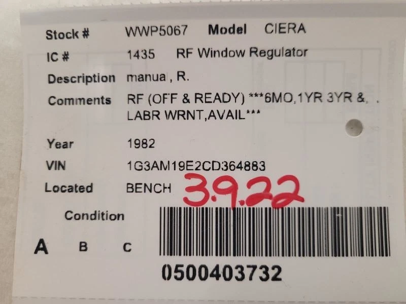 Passenger Right Front Window Regulator Manual Fits 82-96 CIERA 1527772 - Image 3 of 3