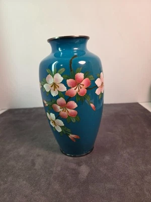 20th Century Japanese Cloisonne Vase Teal Green ground and Floral Cherry Blossom - Image 1 of 4