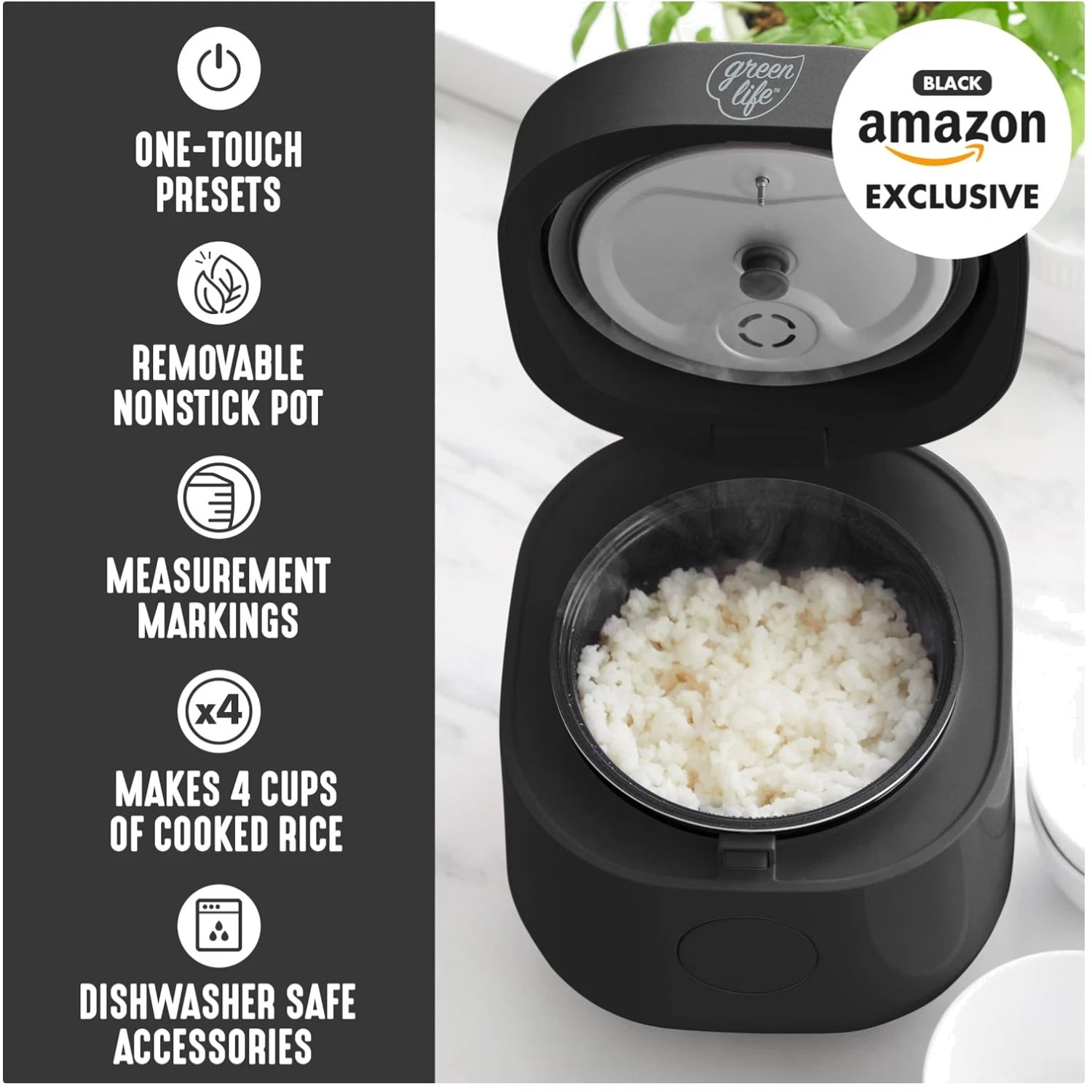 4-Cup Rice Cooker, Removable Nonstick Pot, One-Touch Presets
