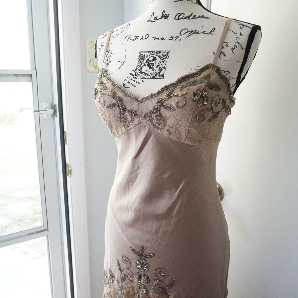 Винтажный Y2k золото Bias скольжения платье кружева бисером чистый тюль платье HOCO гламур Hollywood 4 - Изображение 3 из 4