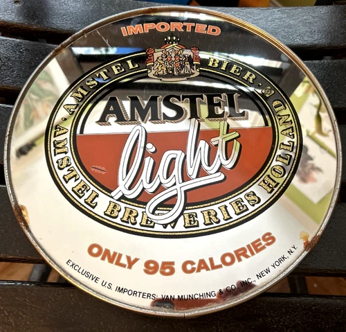 Vtg Amstel Light Silver Tin Bar Beer Large 11.5" Round Mirror Sign Mancave RARE!