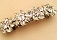 Vintage Kirks Folly Hair Barrette Rhinestone Crystal Flowers Silver Tone Signed