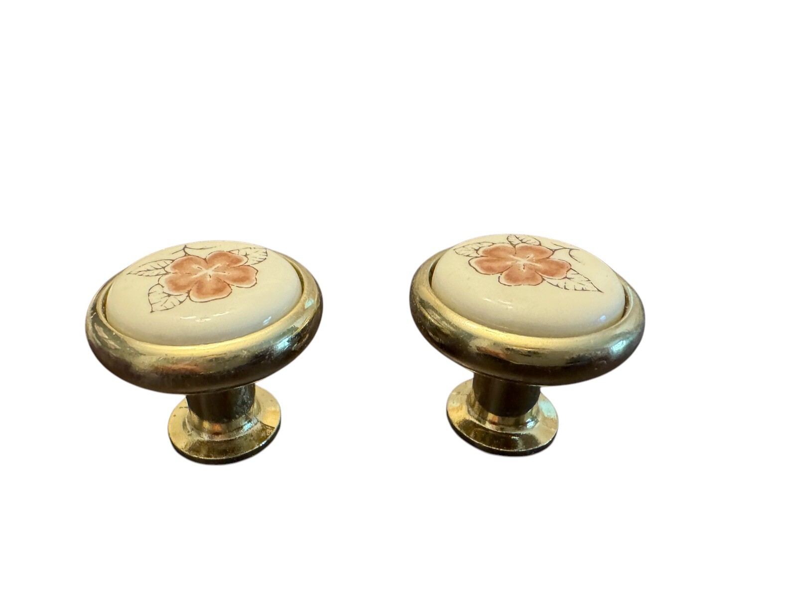 Vintage 11 Polished Brass Beige & 1 Blue Flower Cabinet  Drawer Knob Pull