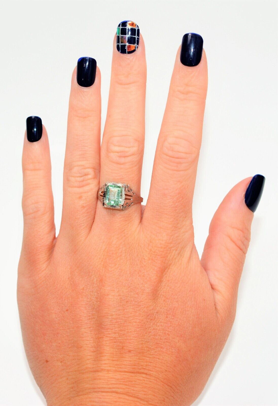 Natural Emerald Ring 10K White Gold 1.85ct Solita… - image 2