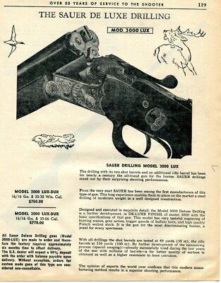1964 Print Ad of Sauer Drilling Model 3000 LUX Deluxe Rifle Shotgun Combo