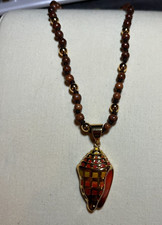 Hawaiian koa beads with gold plated over rhodium shell pendant 18"