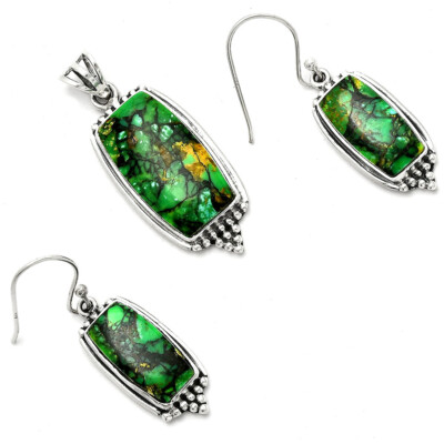 Green Matrix Turquoise 925 Sterling Silver Pendant Earrings Jewelry Set T-1007