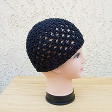 Solid Black Cotton Crochet Knit Hat Summer Beanie Women's Chemo Men's Skull Cap