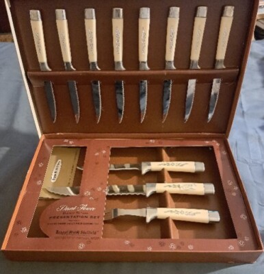 Vtg Never Used Desert Flower Regent Sheffield Carving Set With 8 Steak Knives