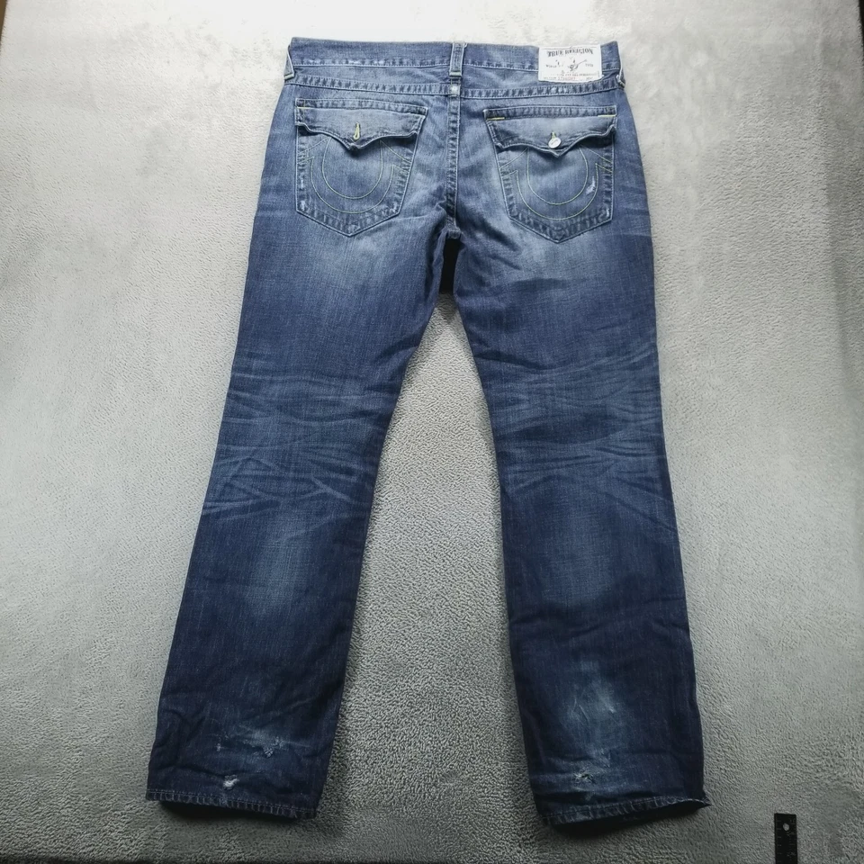 True Religion Jeans Mens 38x34 Blue Straight Flap Pockets Dark Wash Denim - Image 2 of 4