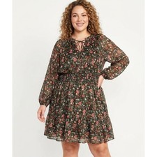 New Old Navy Black Multi Color Ditsy Floral Puff Sleeve Tie Front Dress XL