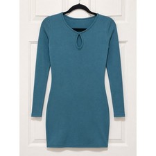 Womens Teal Ribbed Long Sleeve Keyhole Mini Dress Bodycon Stretch Knit L