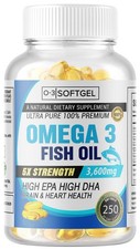 5x Omega 3 Fish Oil 3600mg Strength EPA  DHA, Highest Potency, 250 Softgels