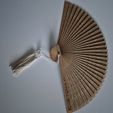 Wooden Asian Oriental Japanese Fan Hand Carved Wood Pink Tassel Original Box