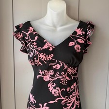 Vintage DBY Black Pink Floral Midi Dress Ruffle Strap Size 9/10