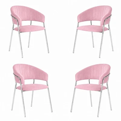 Chaises De Salle À Manger Set De 4 Aurelia En Velours Rose, Pieds En Fer Chromé - Photo 1/4